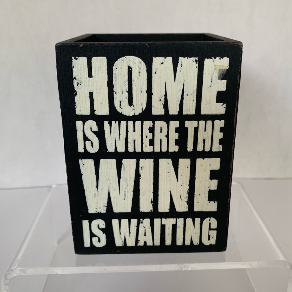 Wooden Home Decor Cube Box “Home Is Where the Wine Is Waiting” Black White Polka